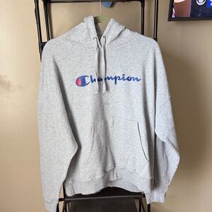 Champion Gray Crewneck Hoodie with Blue Script Logo